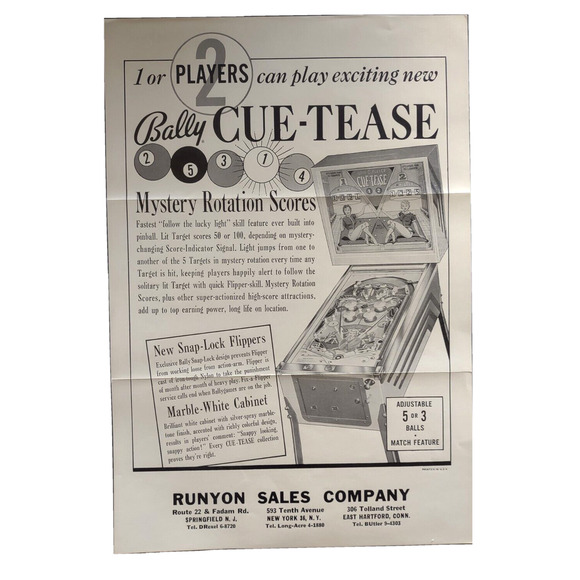 Cue-Tease Pinball Machine Flyer 1963 Original Game Art Pool Table Billiards - Picture 1 of 3